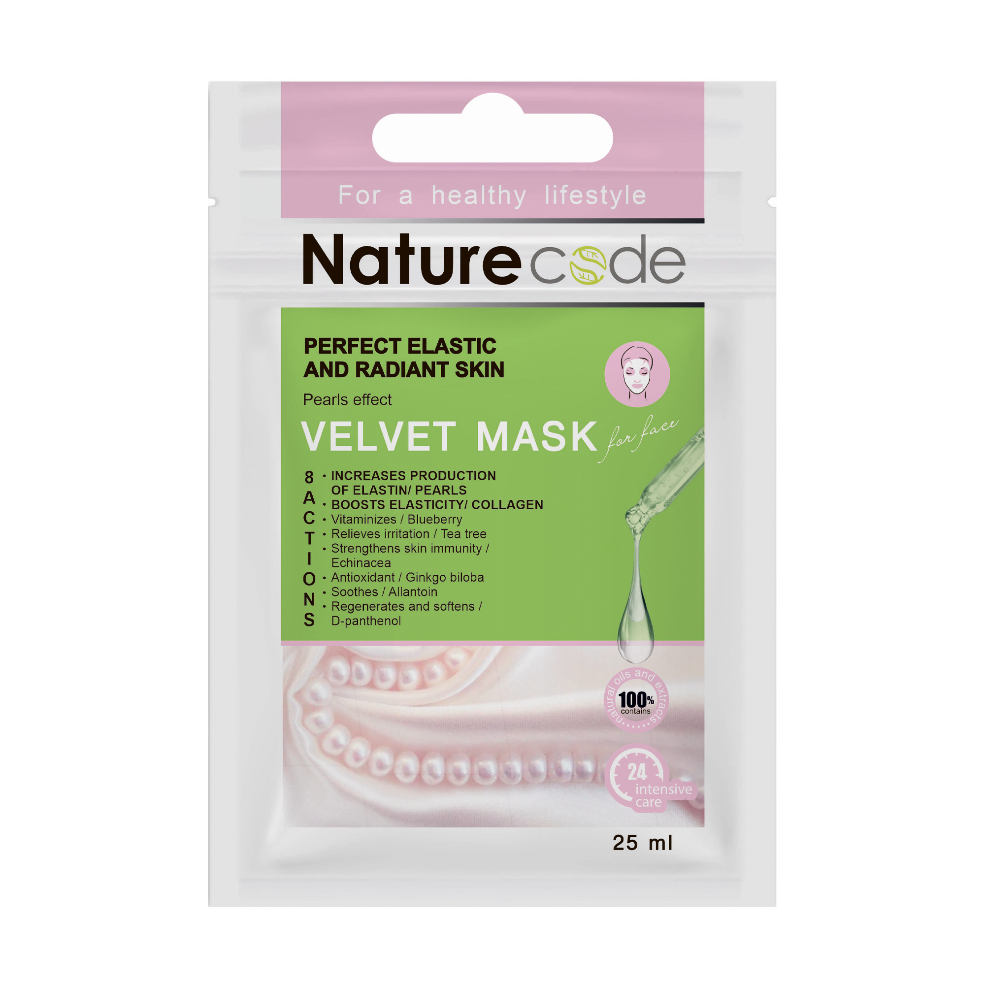 Тканинна маска для обличчя Nature Code Velvet Mask Pearls Effect Ідеальна пружна та сяйна шкіра, 25 мл